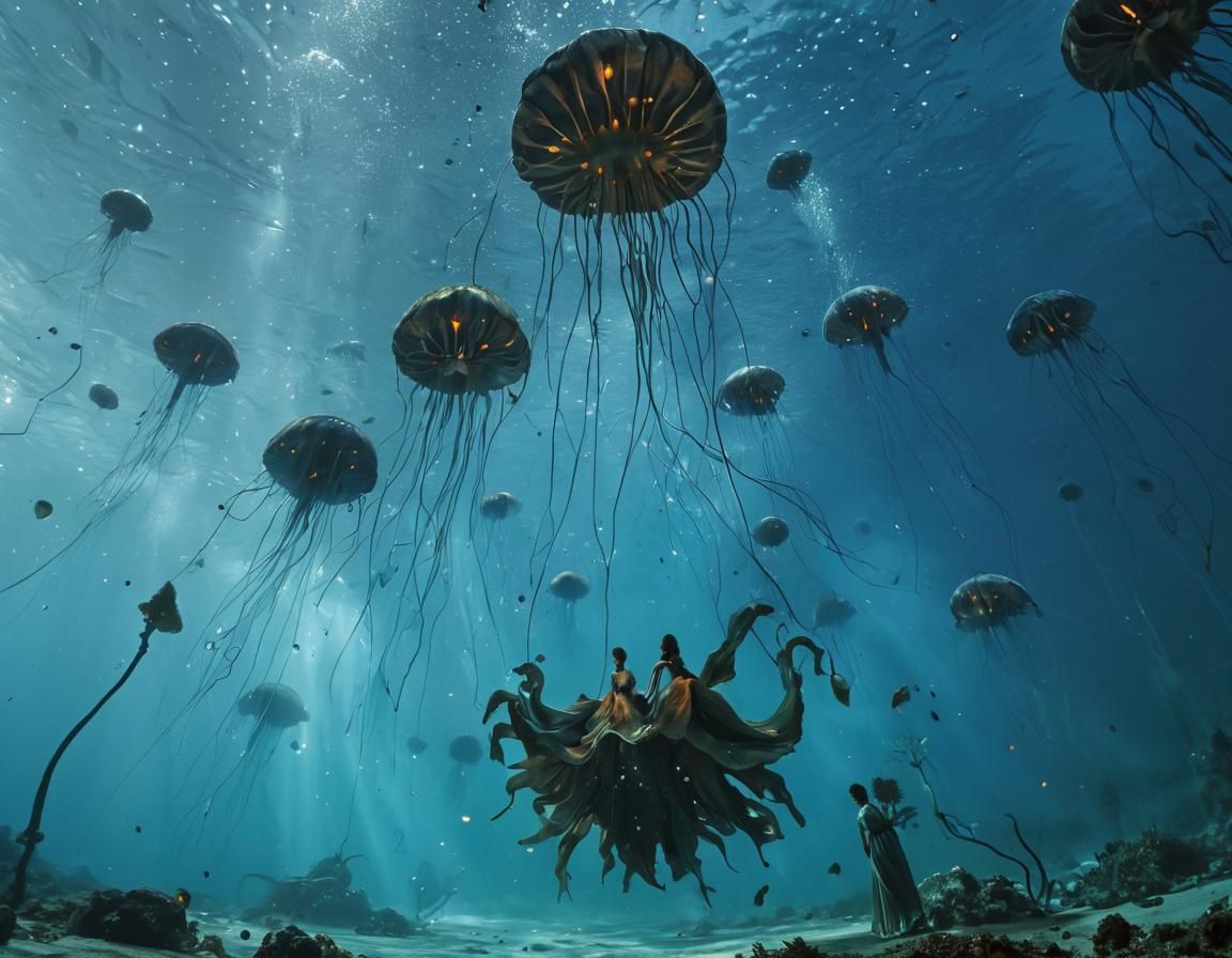 Surreal Underwater Cityscape with Jellyfish Lanterns