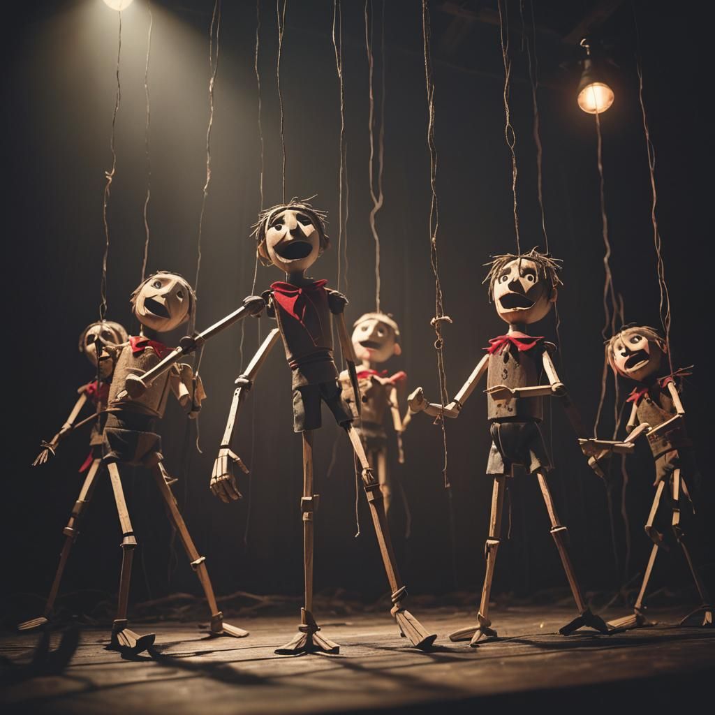 Ominous Stage with Broken Puppets in Gothic Style