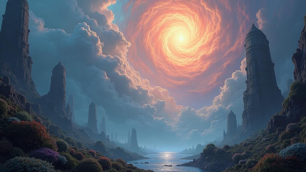 Mystical Abyssal Landscape with Iridescent Mist