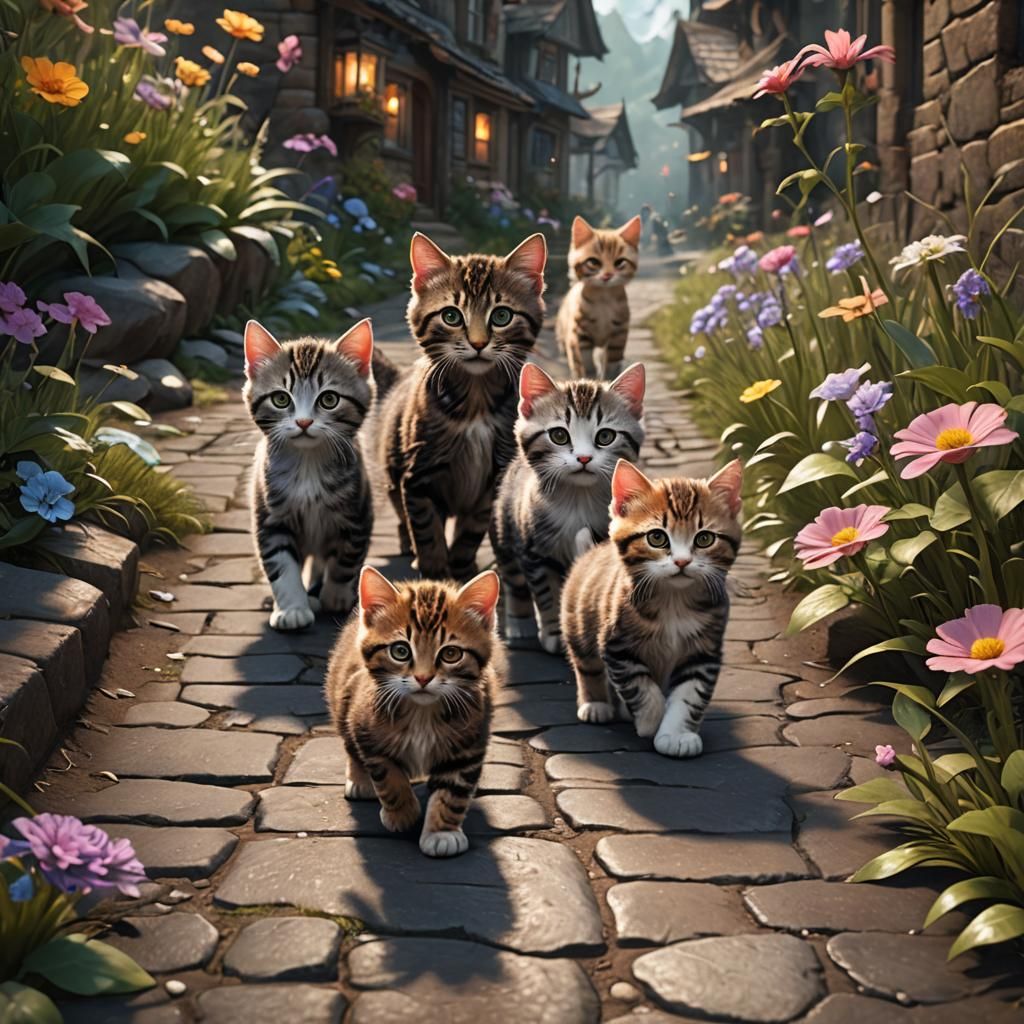 Cute Kittens Follow Mother: Fantasy Concept Art