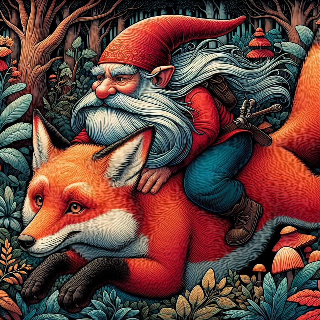 Gnome Rides Fox Through Magical Forest