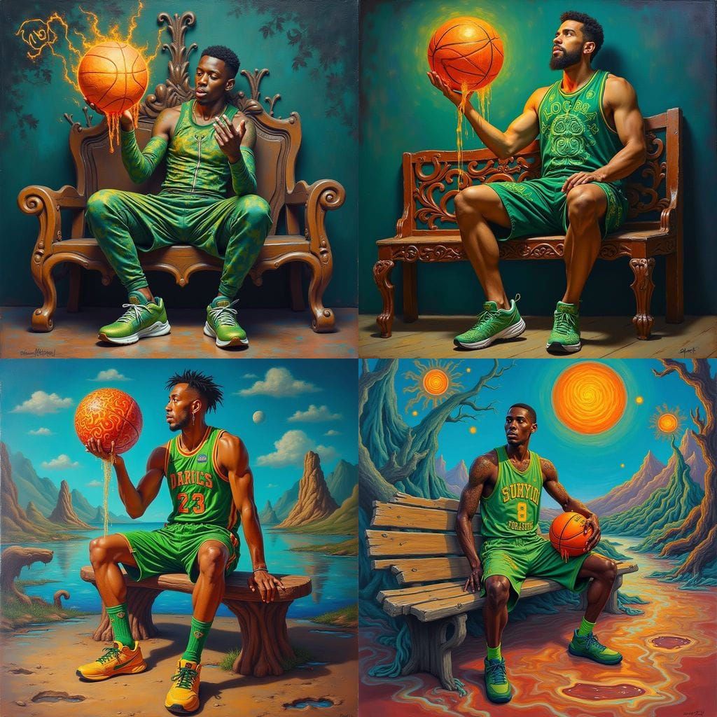 Surreal Basketball Dreamscape in Dalí-Inspired Oil Painting