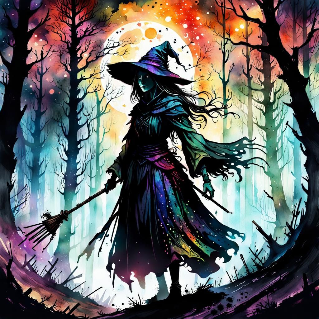 Scary Witch Silhouette in Dark Forest, Digital Watercolor