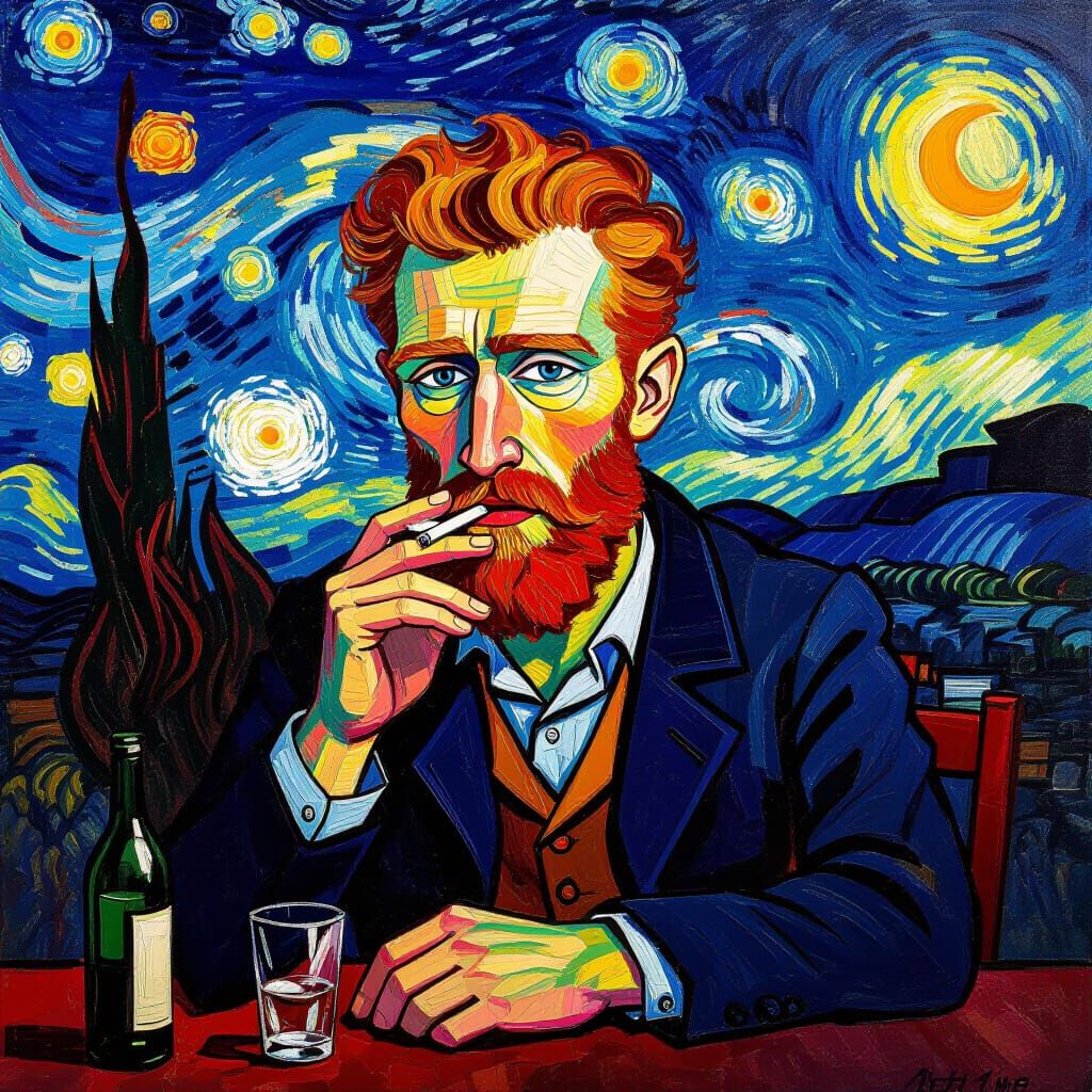 Man Smoking in Van Gogh Style Oil Painting