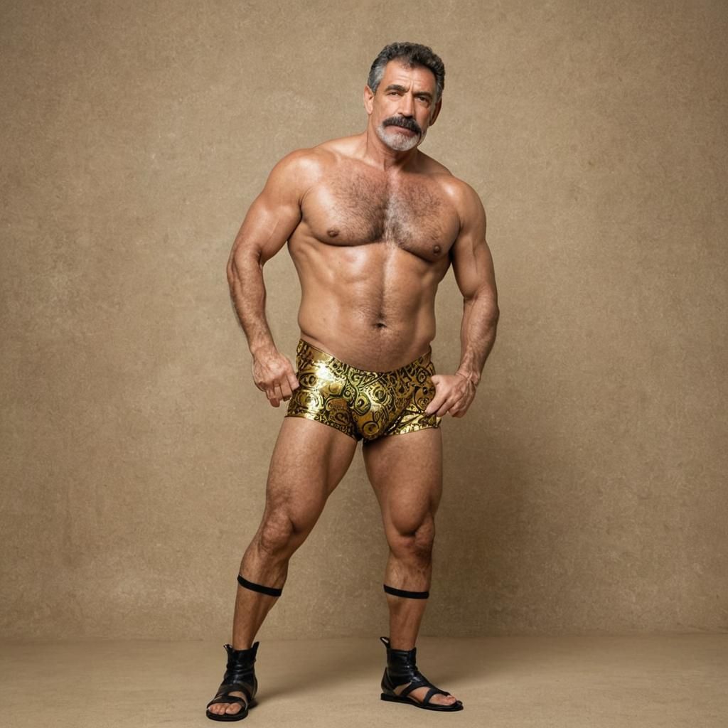 Brazilian Wrestler Poses in Aztec Gold Vinyl Trunks
