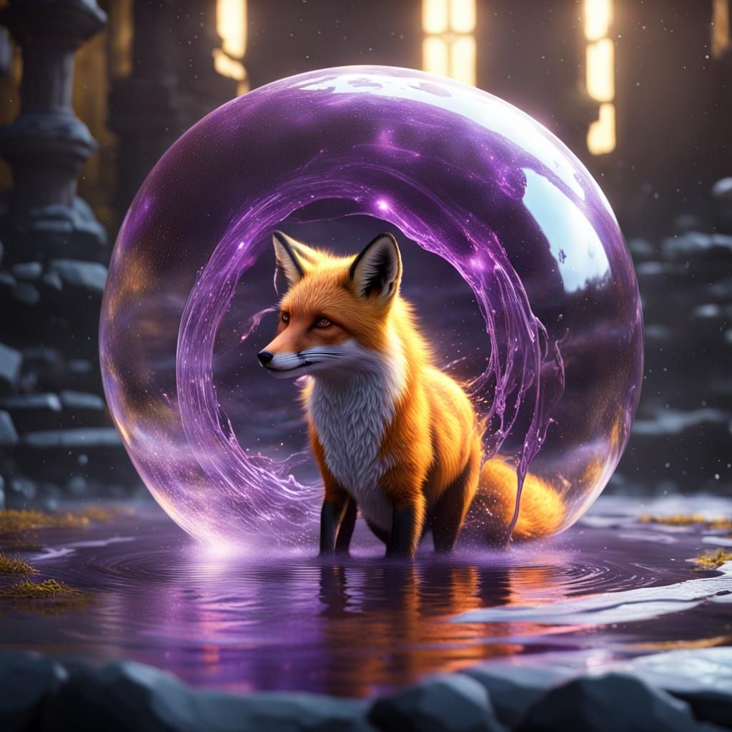 Fox and Magic Water Sphere in Dark Fantasy Style