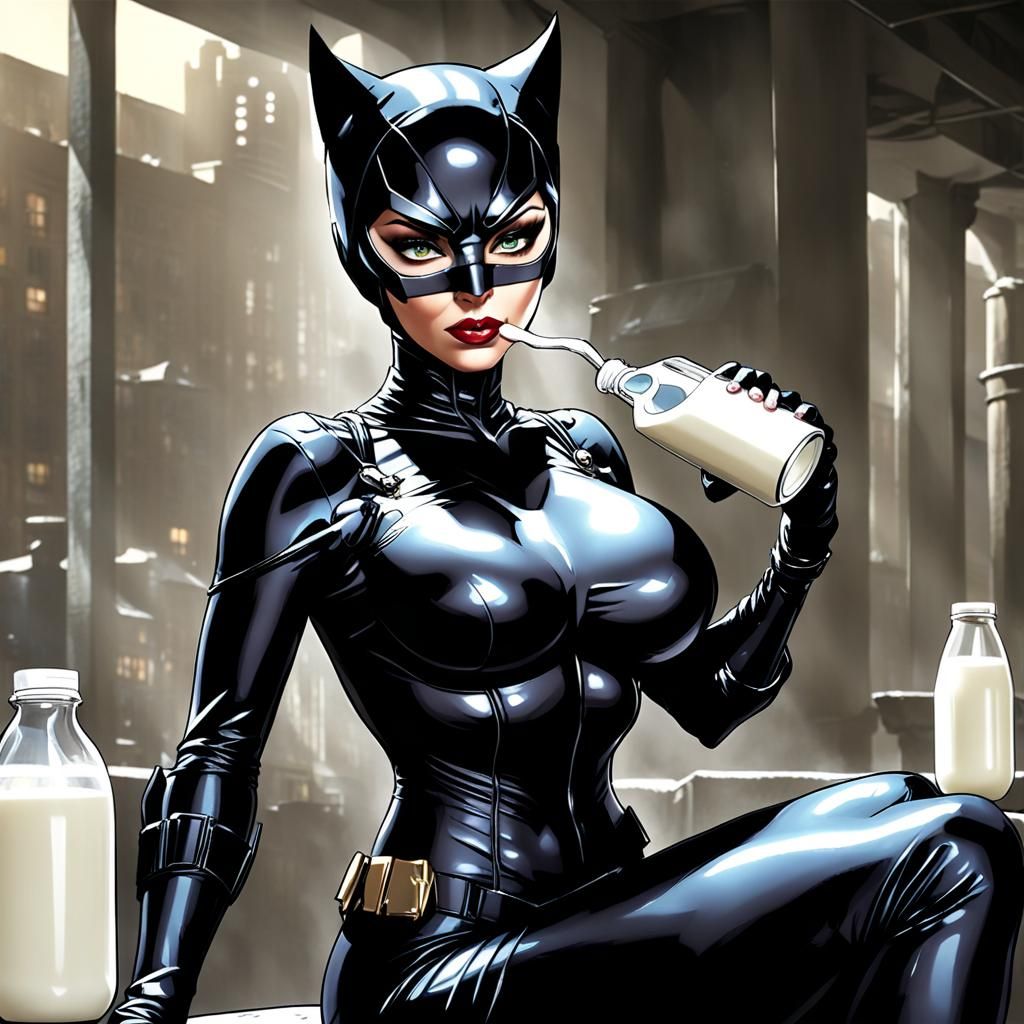 Catwoman Drinking Milk: Stylized Character Design