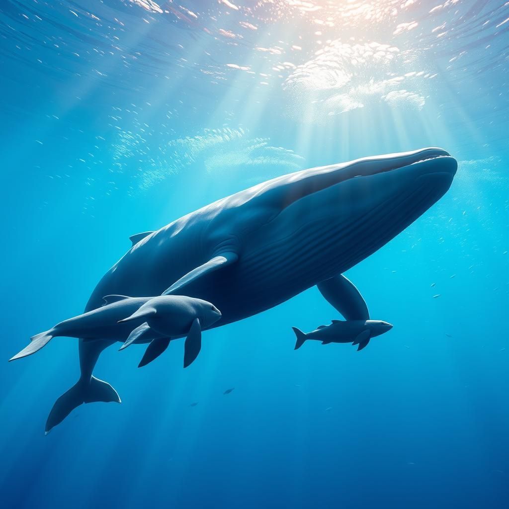 Majestic Blue Whale Family in Shimmering Ocean