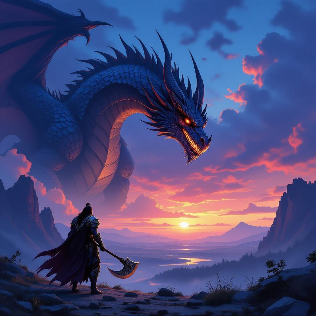 Epic Dragon and Warrior in Dark Fantasy Landscape