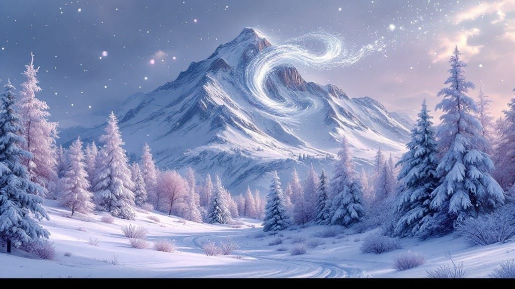 Icy Mountain Landscape with Iridescent Snow Tornado