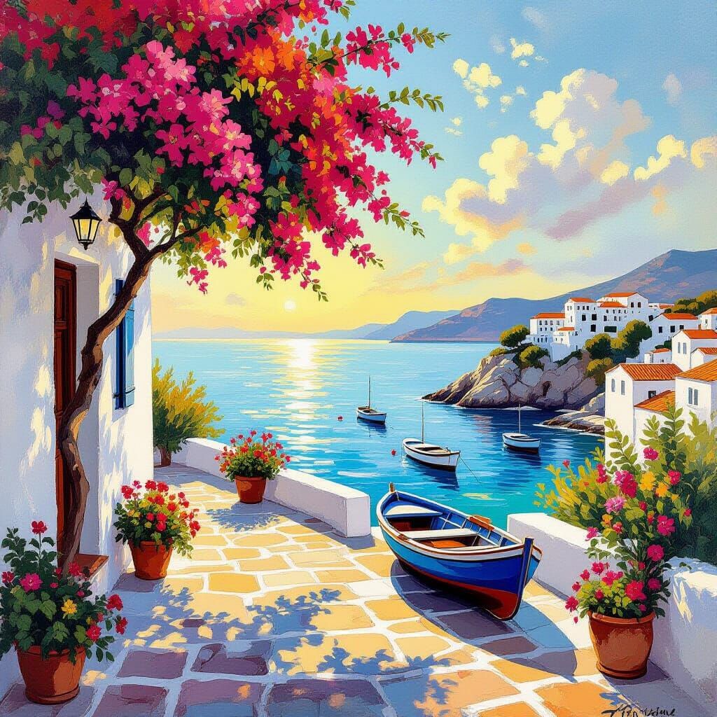 Mediterranean Terrace with Bougainvillea and Olive Trees