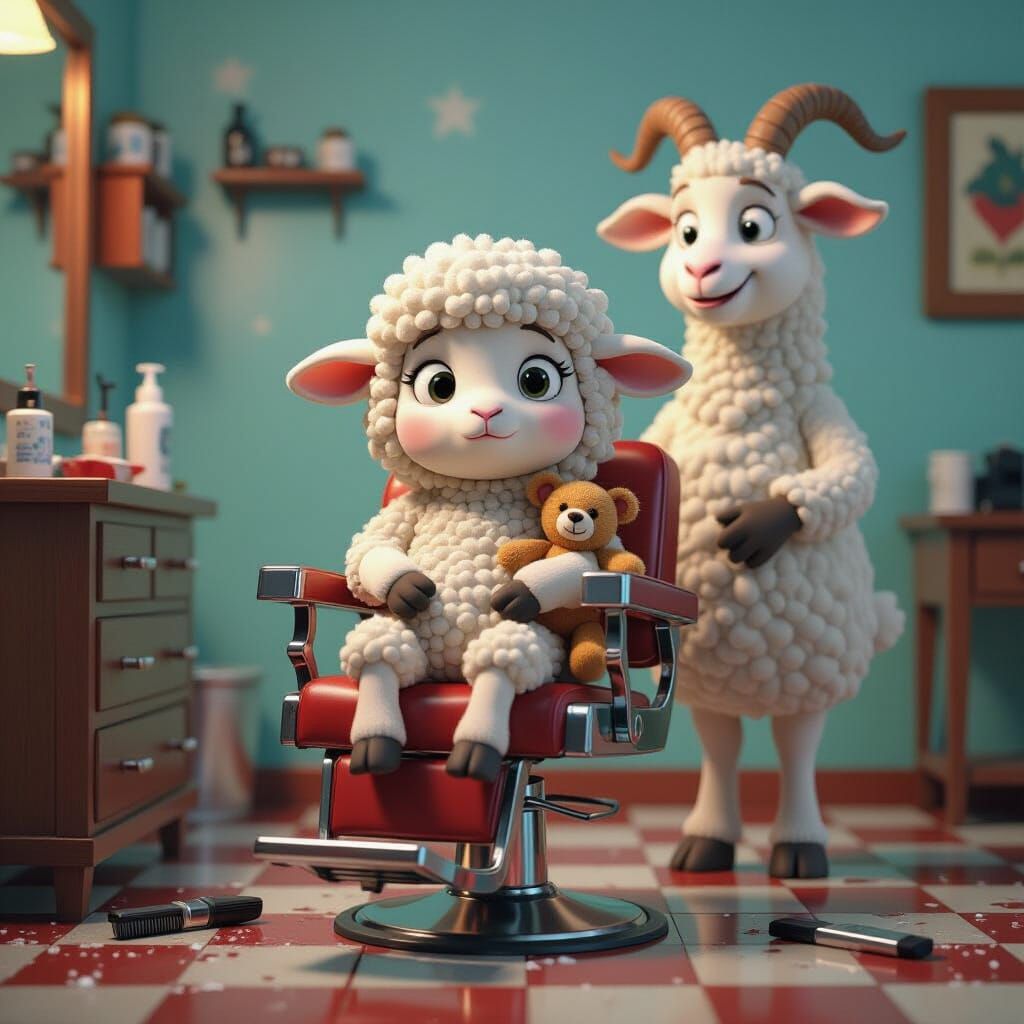 Cartoon Lamb's Anxious Barber Visit: Pixar-Style Art