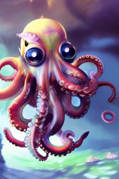 Adorable Chibi Octopus in Detailed Fantasy Ocean