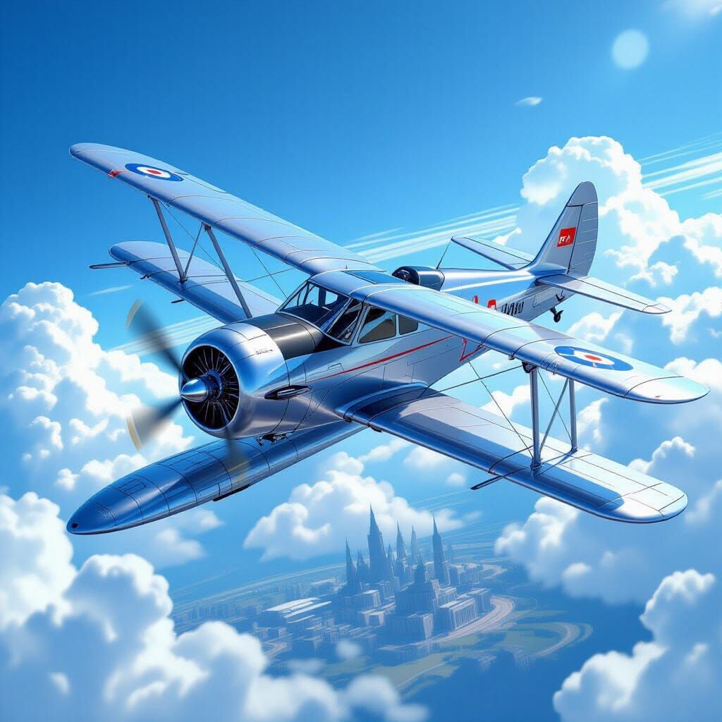 Futuristic Silver Biplane Over the Empire Capital