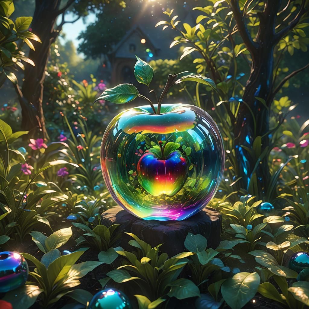 Rainbow Glass Apple in Lush Garden
