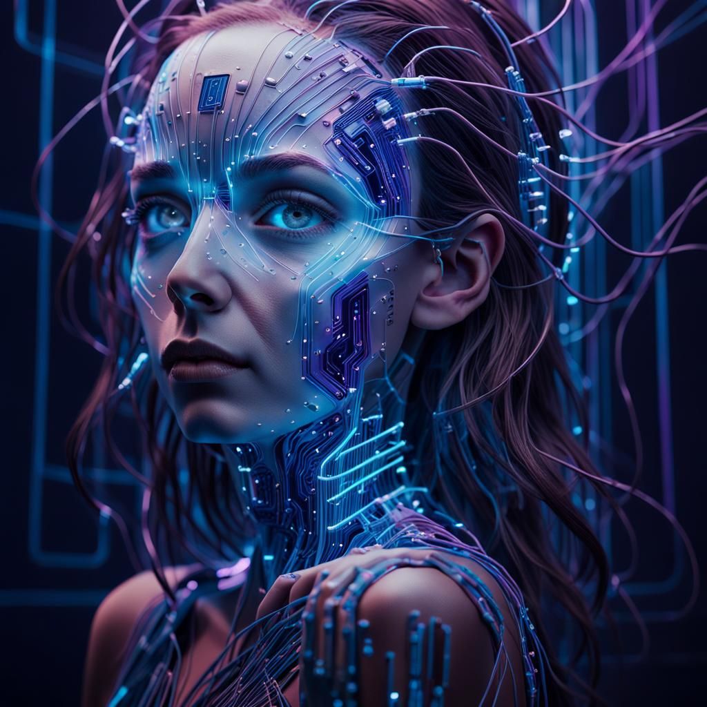 Eerie Woman with Glowing Circuit Board in Surreal Style