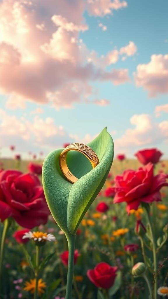 Golden Ring in a Field of Wildflowers and Red Roses
