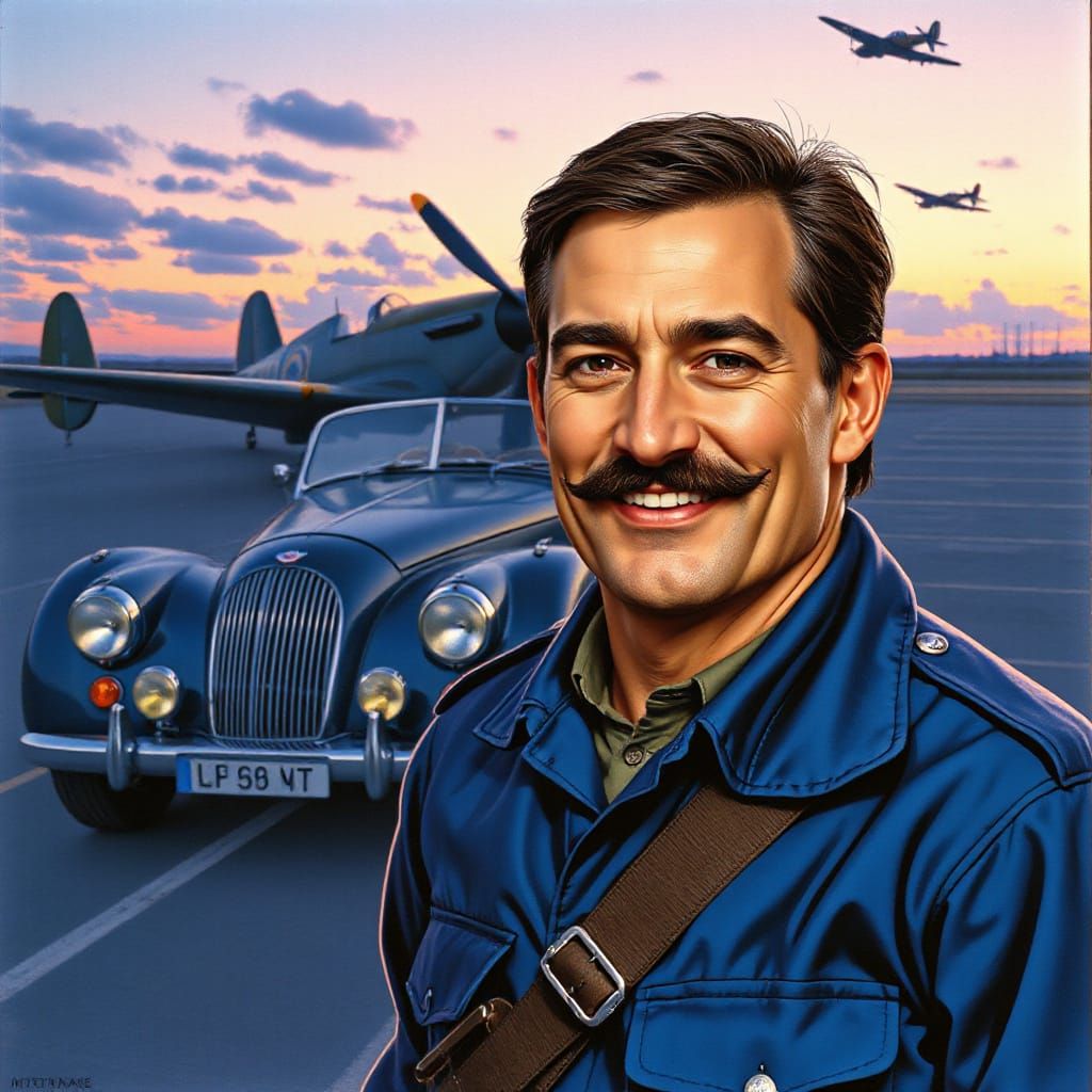 Heroic RAF Pilot Beside Classic Car in Comic Book Style