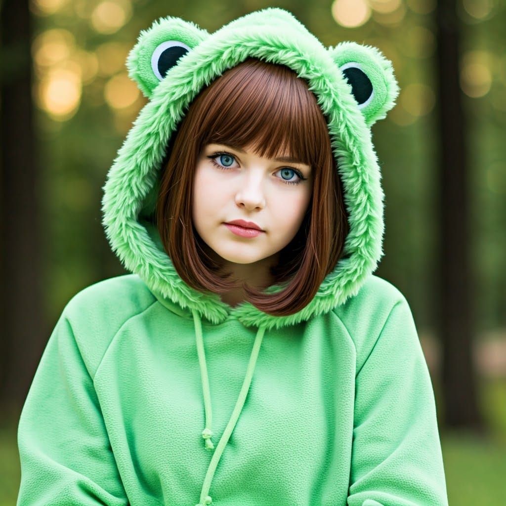 Girl in Frog Hoodie, Outdoor Portrait with Bokeh