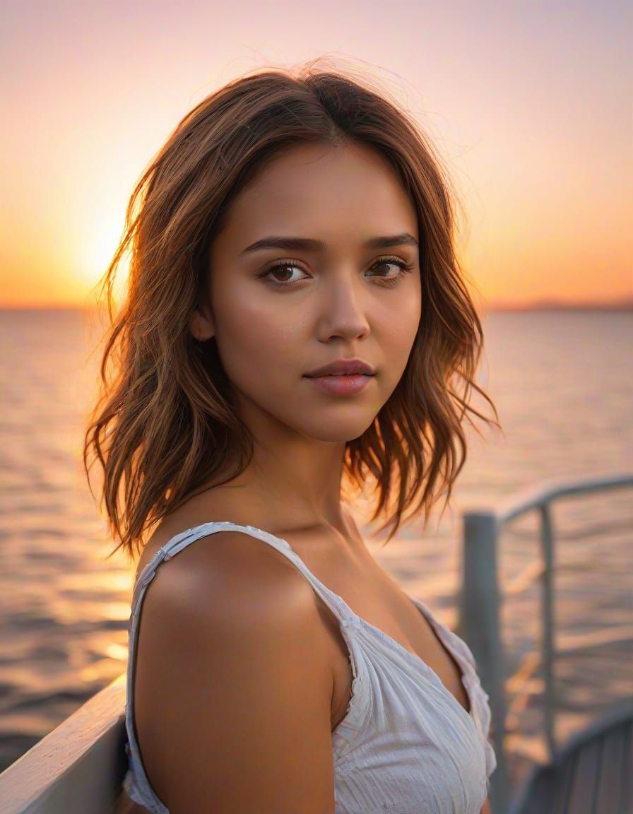 Jessica Alba on a Boat Deck at Sunset