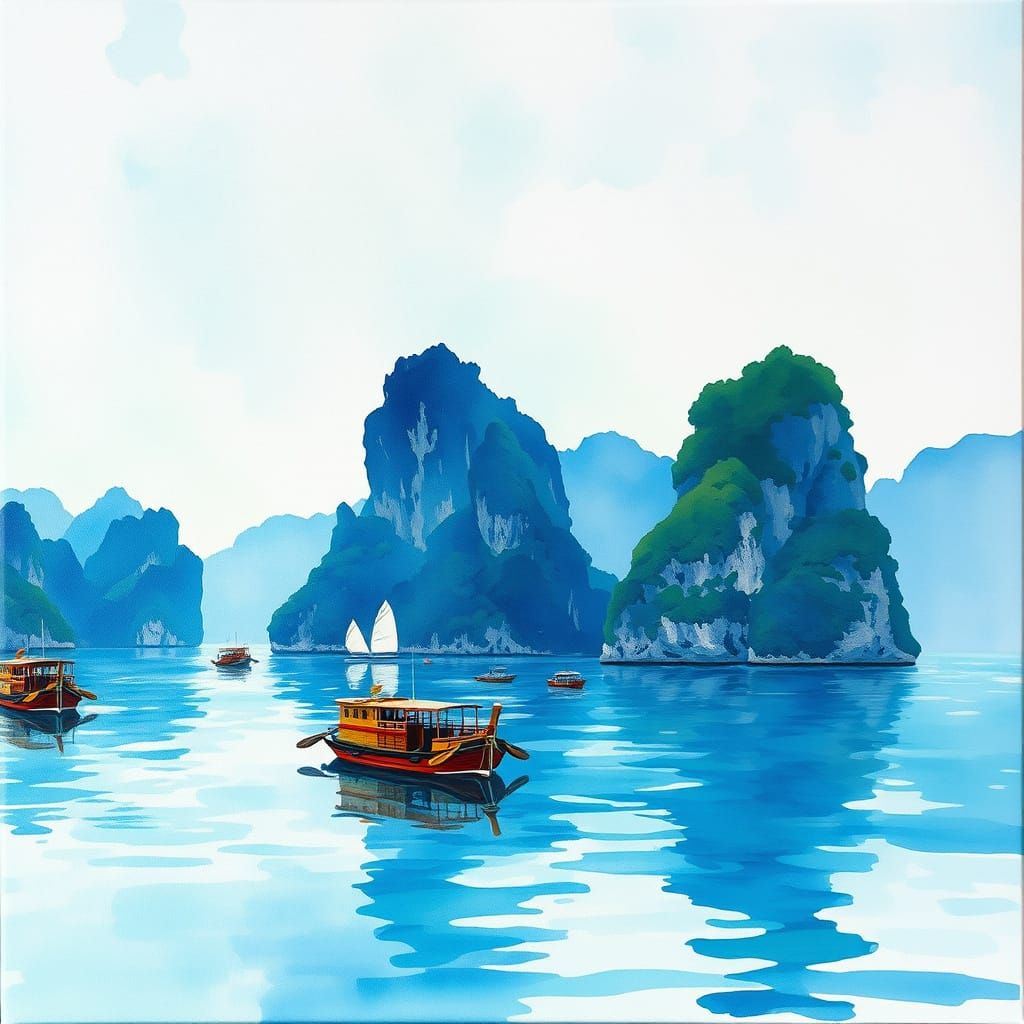 Epic Halong Bay Landscape in Vibrant Gouache Style