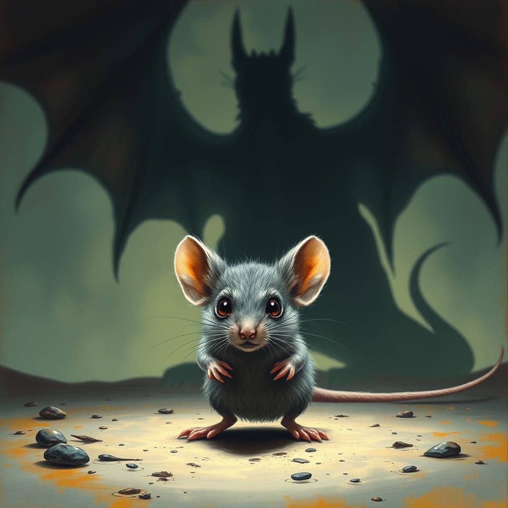 Frightened Mouse Faces Dragon Shadow in Haunting Scene