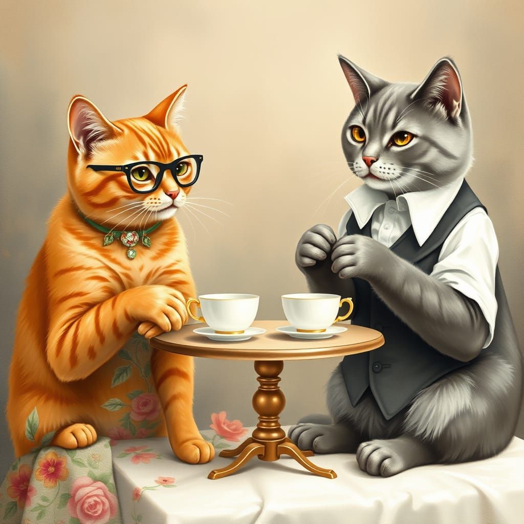 Elegant Felines Sipping Tea in Whimsical Setting