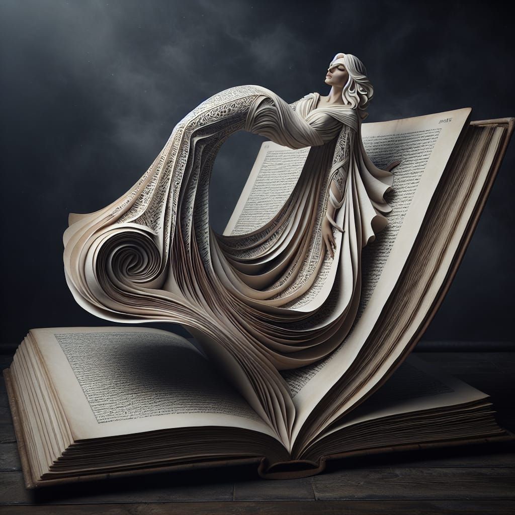 Ethereal Woman Emerges from Book in Surreal Scene