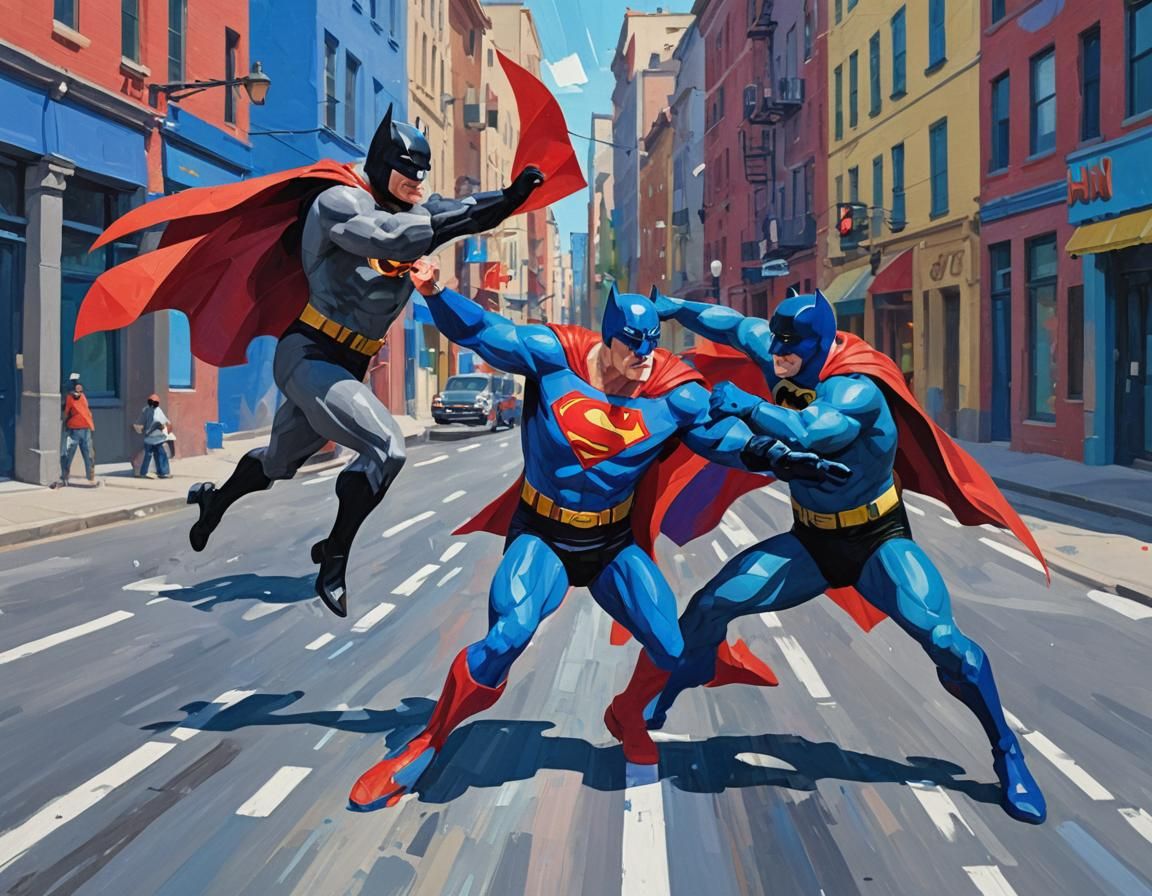 Superman and Batman Punch in Fauvist Style