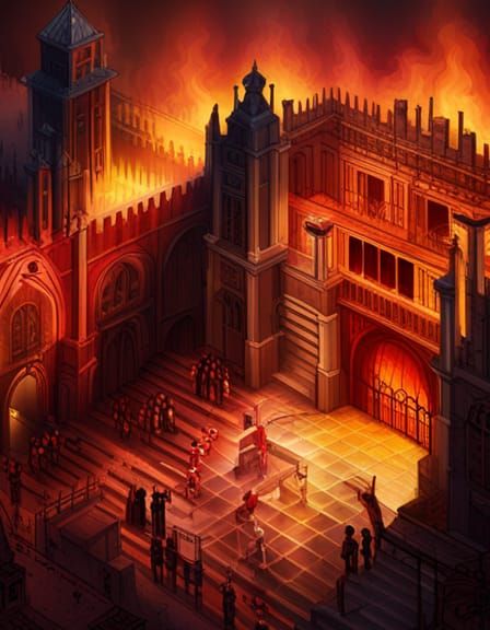 Isometric Illustration of Dante's Inferno Hellscape