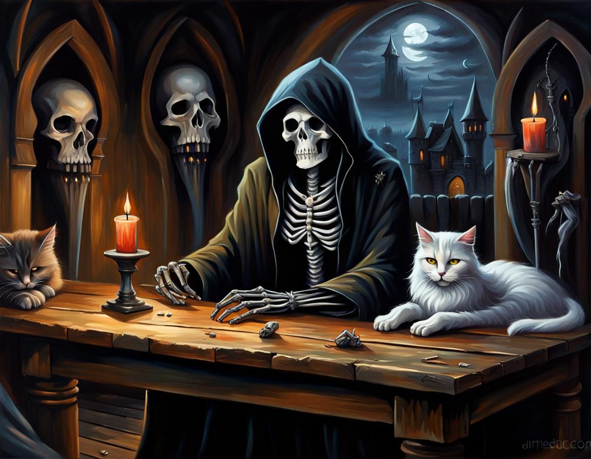 Death and Cat: Gothic Fantasy Oil Painting