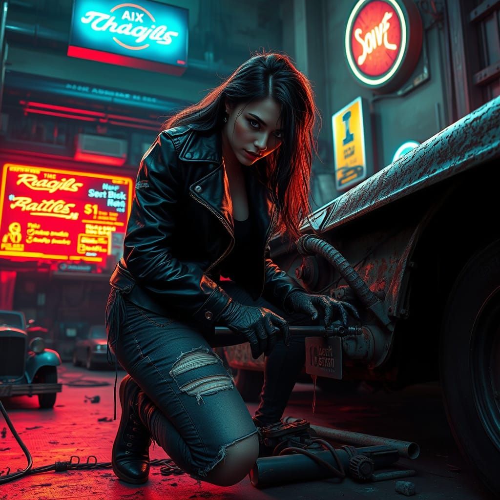 Cyberpunk Female Mechanic in Neon-Lit Garage