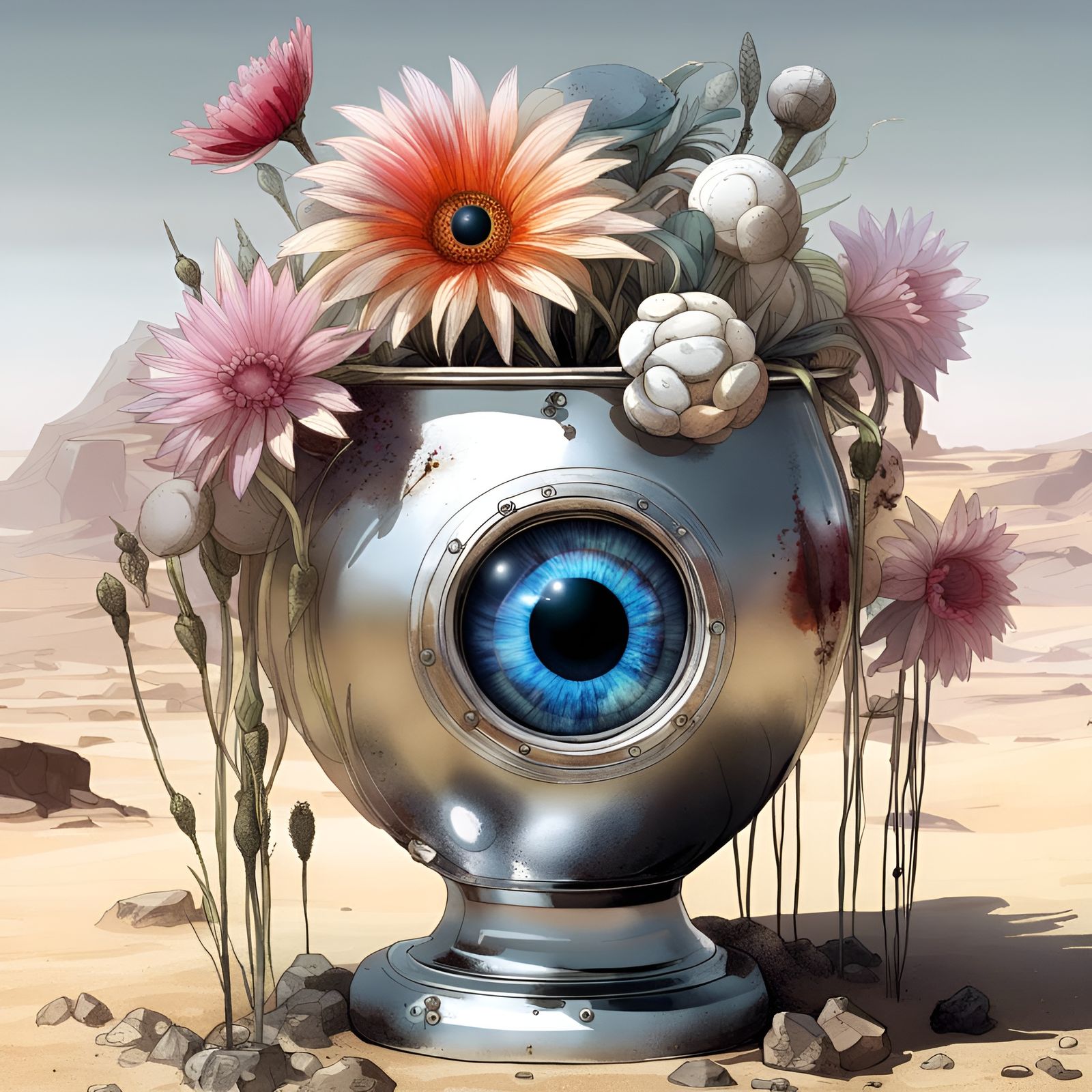 Eyeball Flowers Bloom in Desert: Digital Art