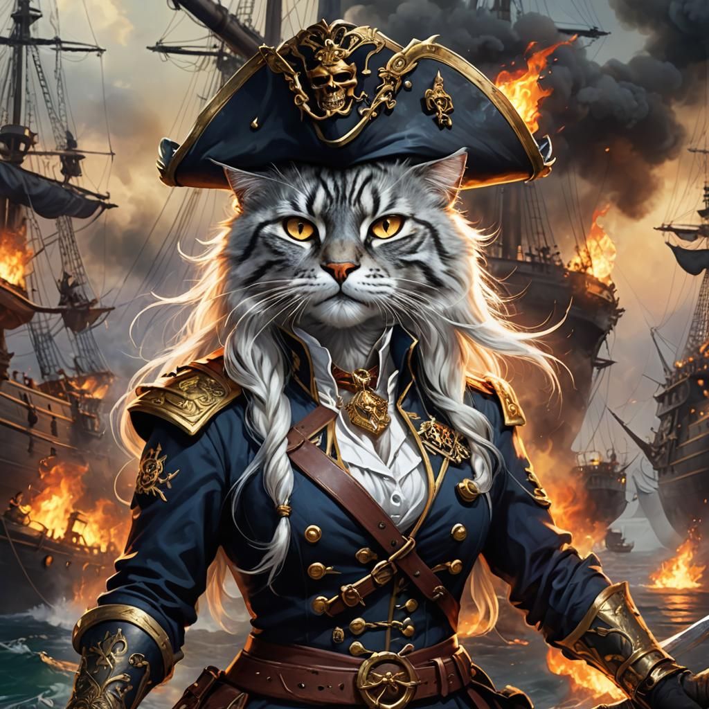 Tabaxi Pirate Paladin Portrait on Burning Ship
