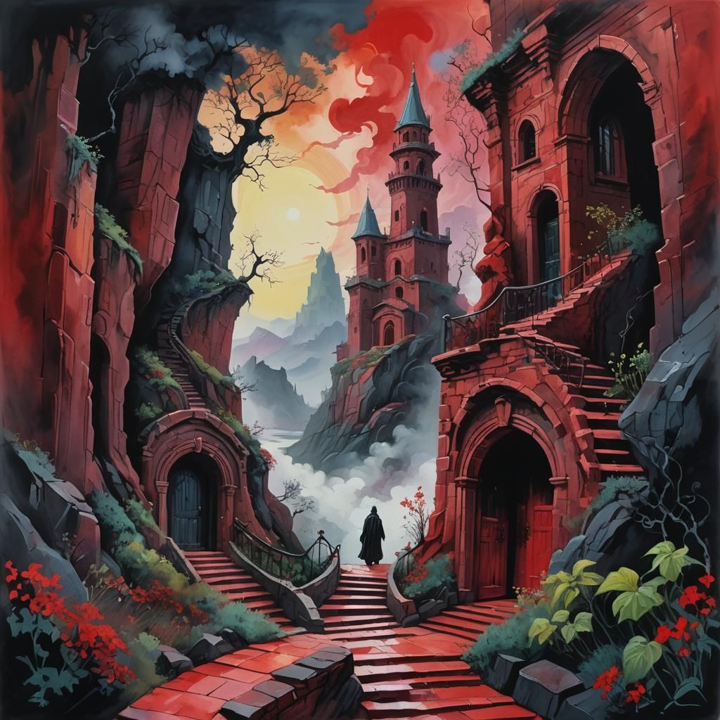 Dark Fantasy Doors: Surreal Gouache Painting