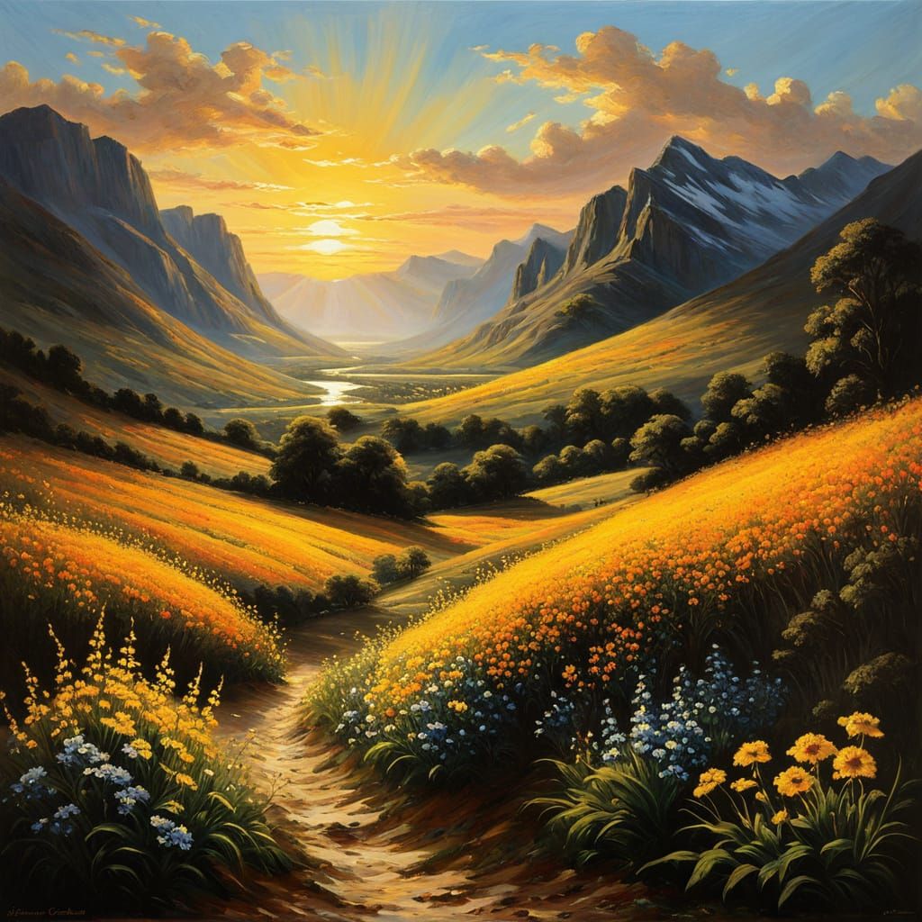 Golden Sunset Over Mountain Valley as Oil Painting