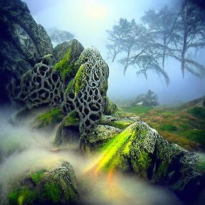 Ethereal Moss and Rockscape in Volumetric Lighting