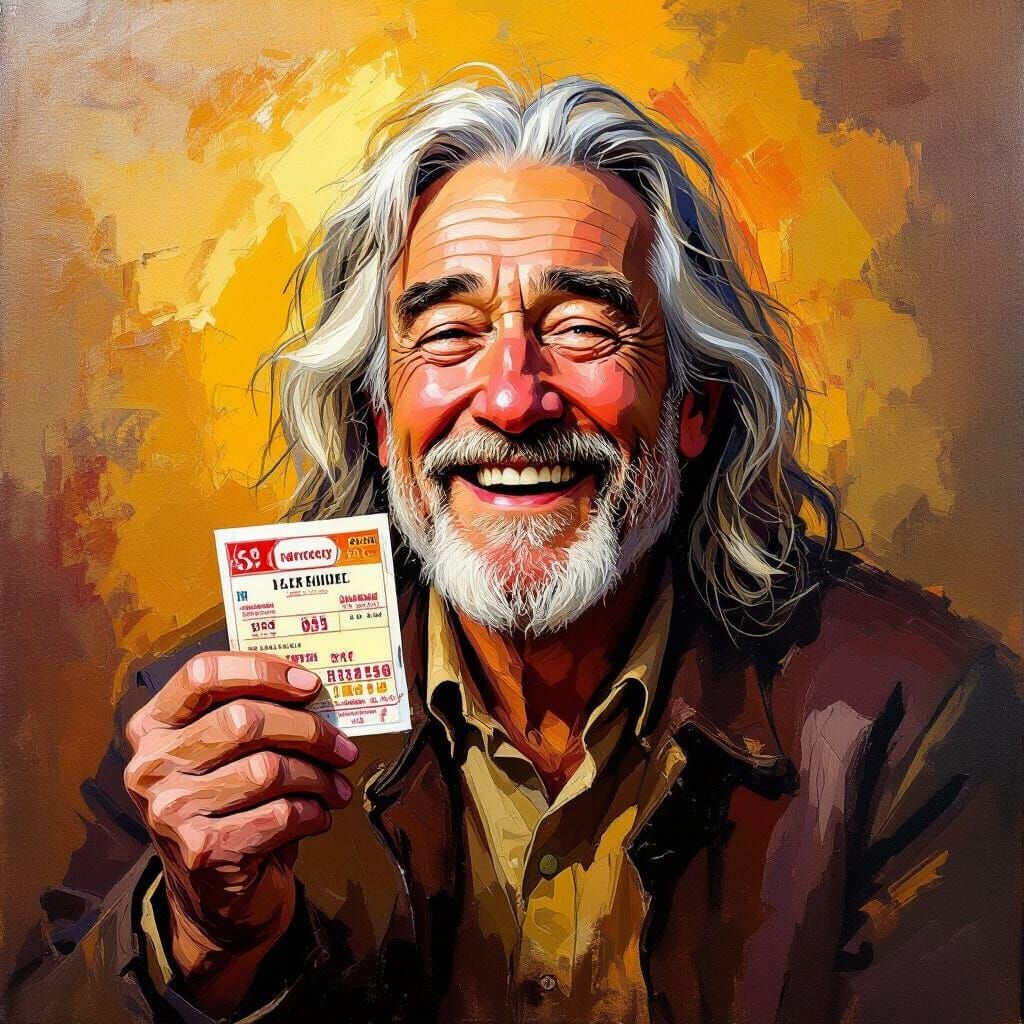 Joyful Lottery Winner Clutching Ticket in Golden Glow