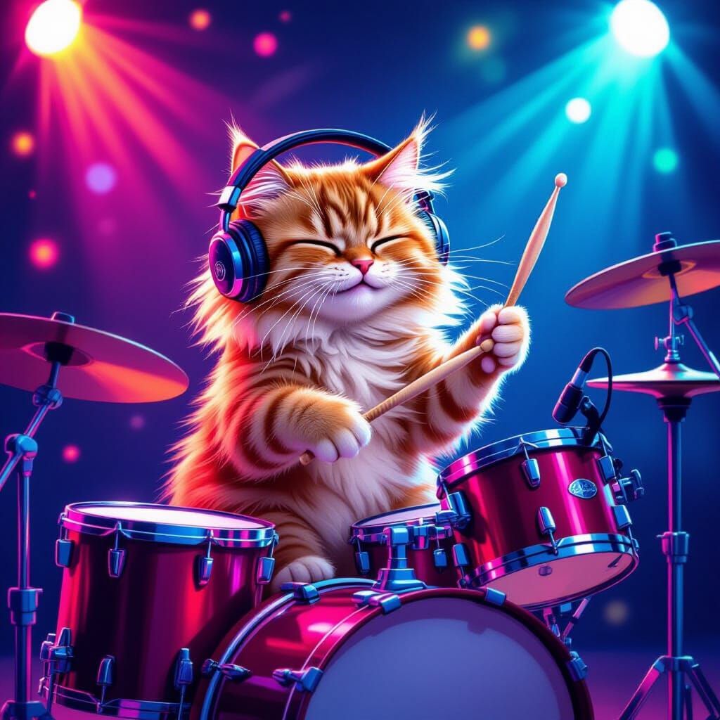 Ginger Cat Rocking Out on Drums in Neon Lights