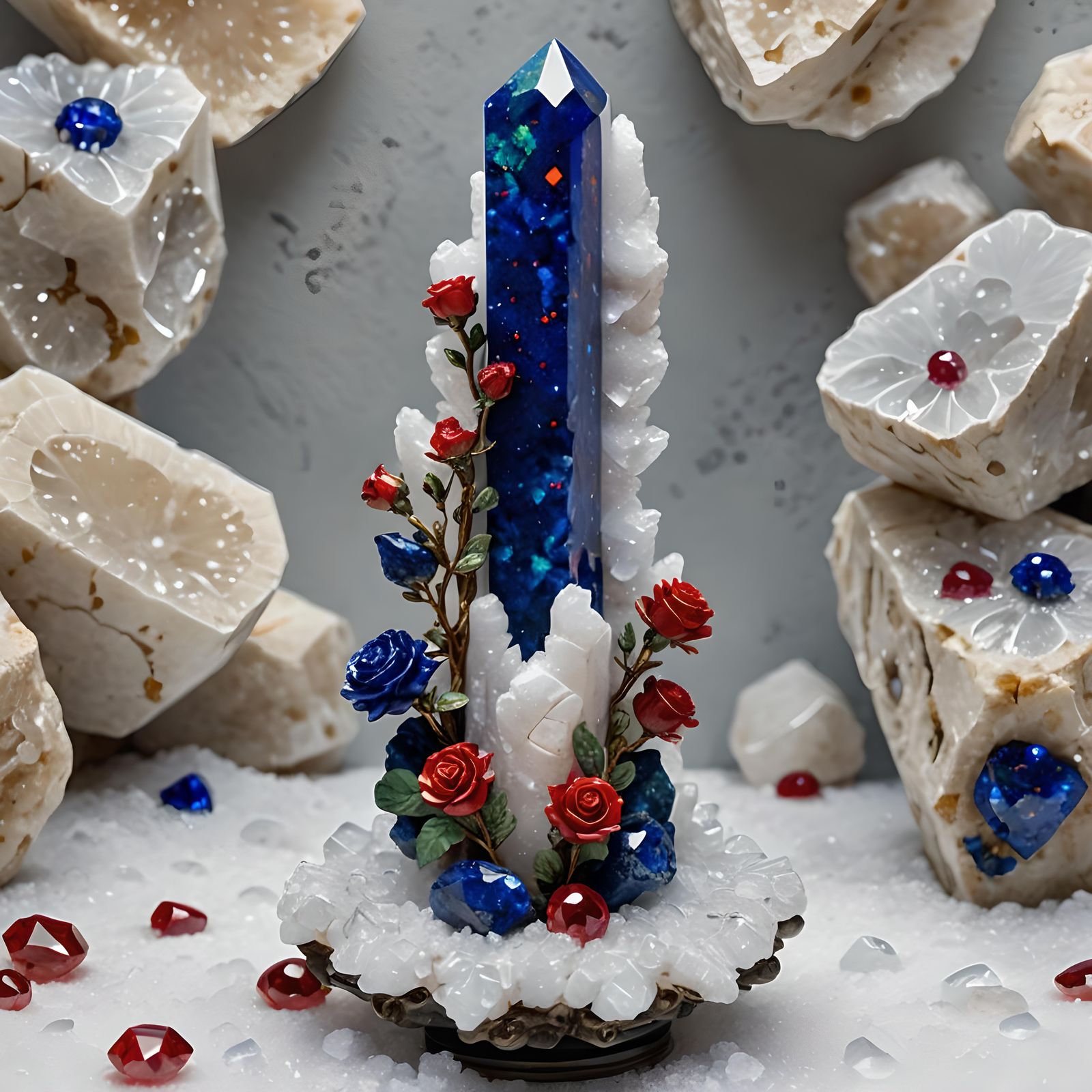 Azurite Rose on Quartz Pillar with Rubies