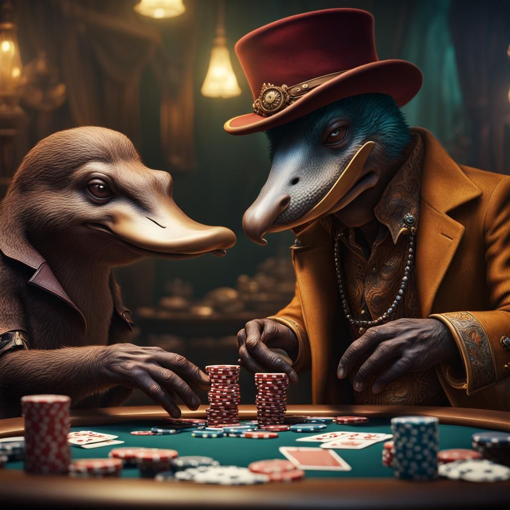 Platypus and Jimi Hendrix Play Poker, Detailed Matte Paintin...