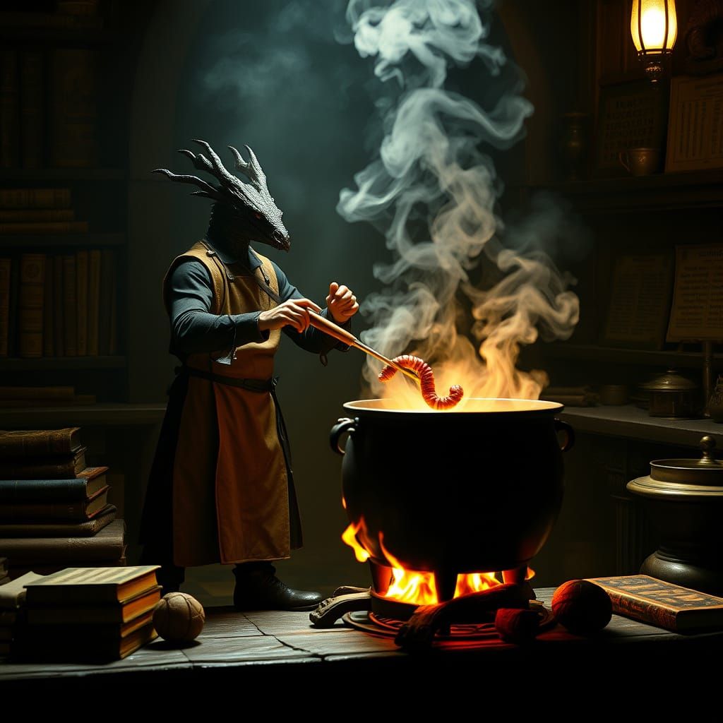 Dragonborn Alchemist Brewing Magic Potion in Epic Film Style