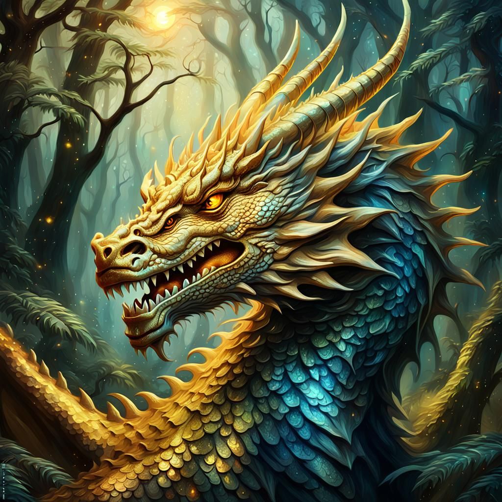 Golden Dragon Roaring in Mystical Forest: Oil Painting