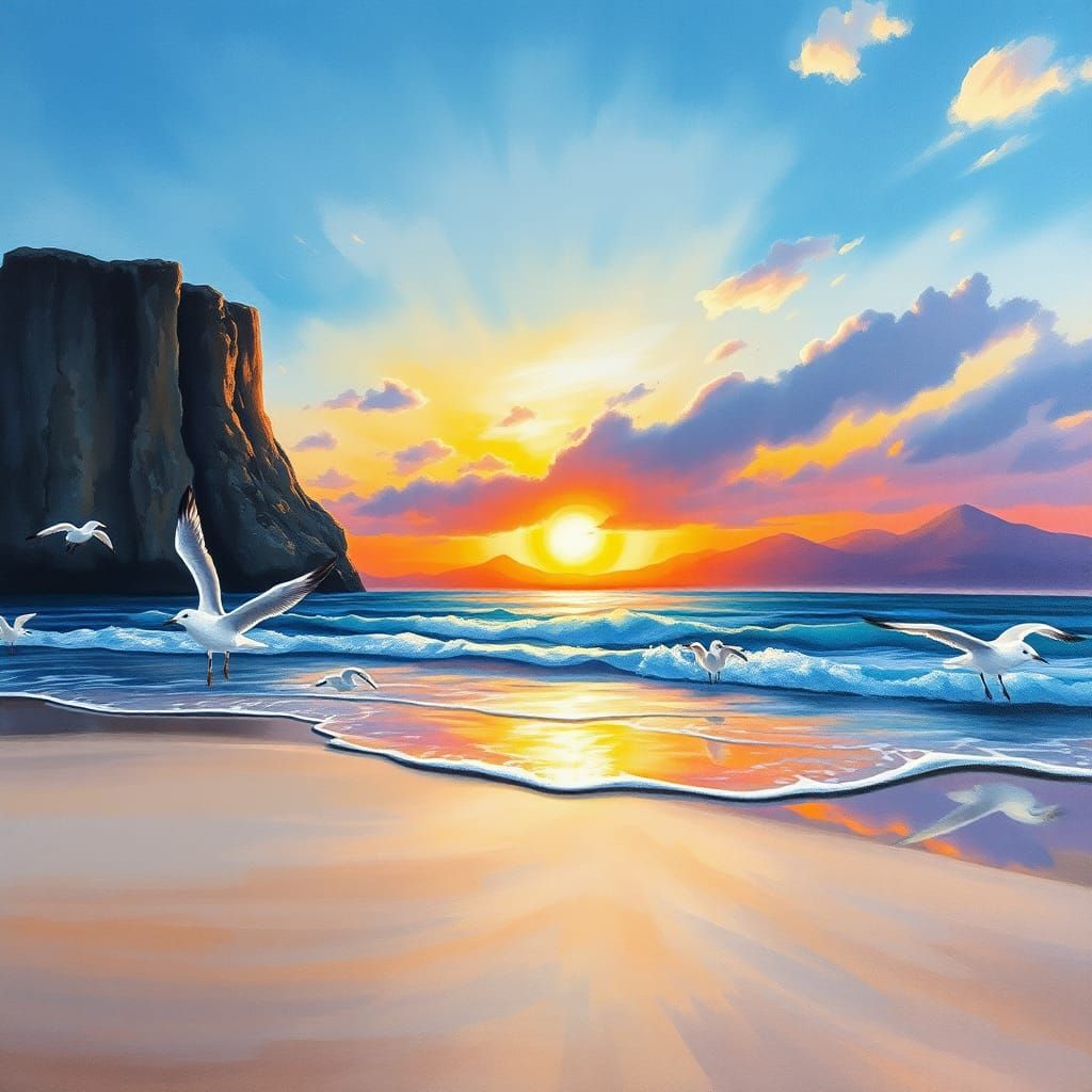 Beach Sunset with Cliff in Gouache Style