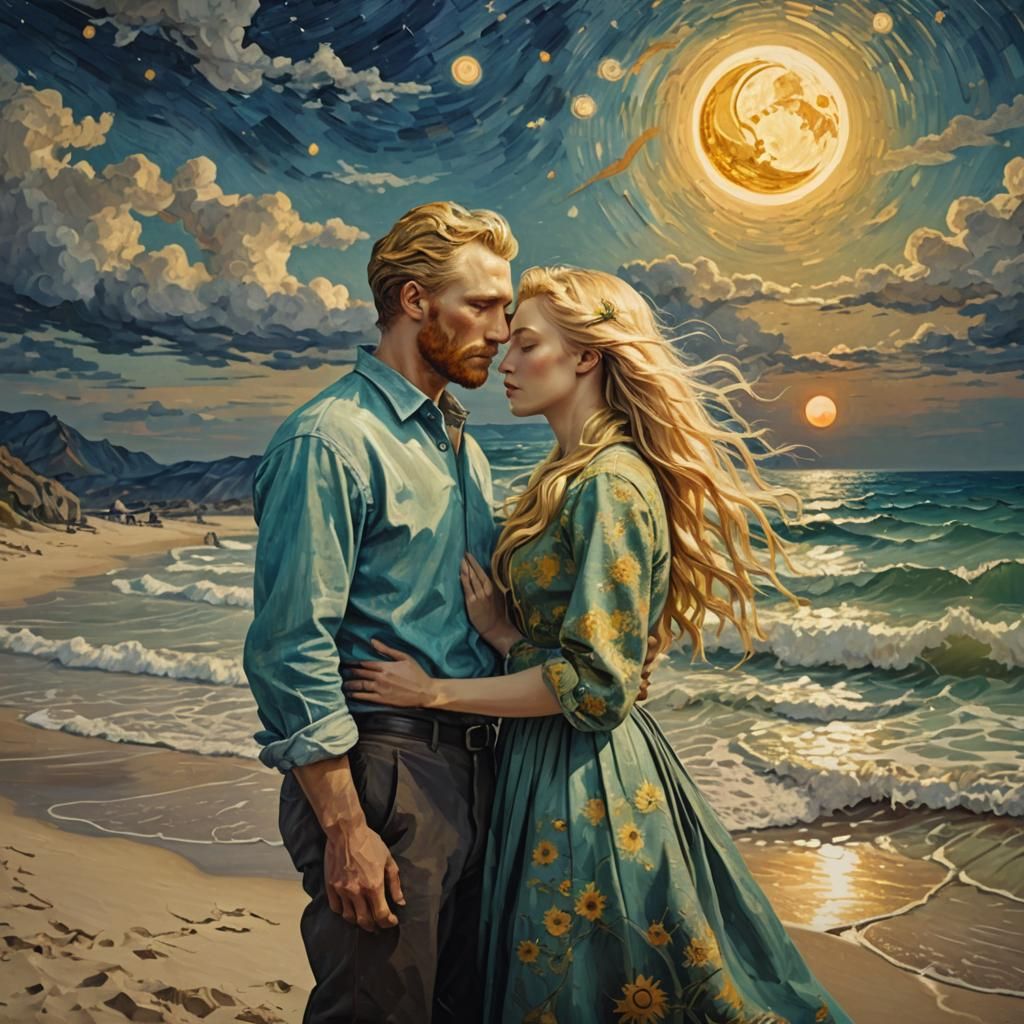 Romantic Beach Scene in Van Gogh Style