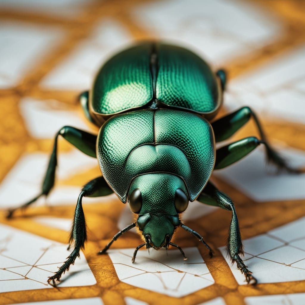Iridescent Green Beetle on Geometric Surface: Macro Photogra...