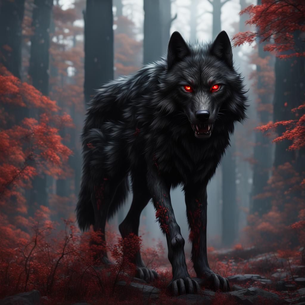 Black Wolf with Red Eyes Fantasy Concept Art