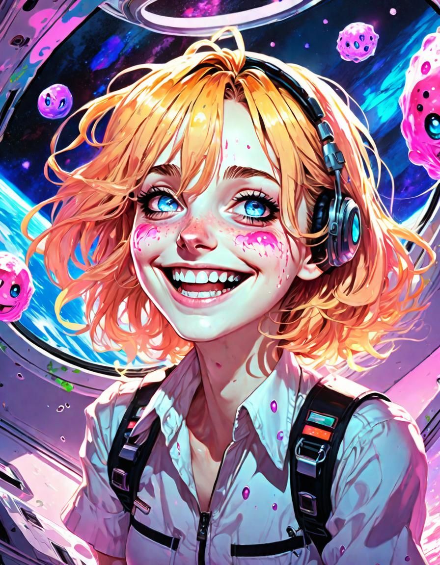 Anime Girl with Psychedelic Eyes in Synthwave Style