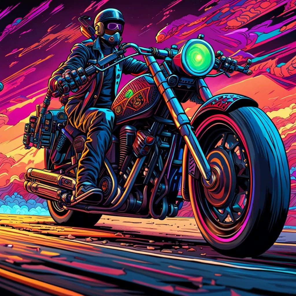 Motorcycle on Open Road in Cyberpunk Comic Style
