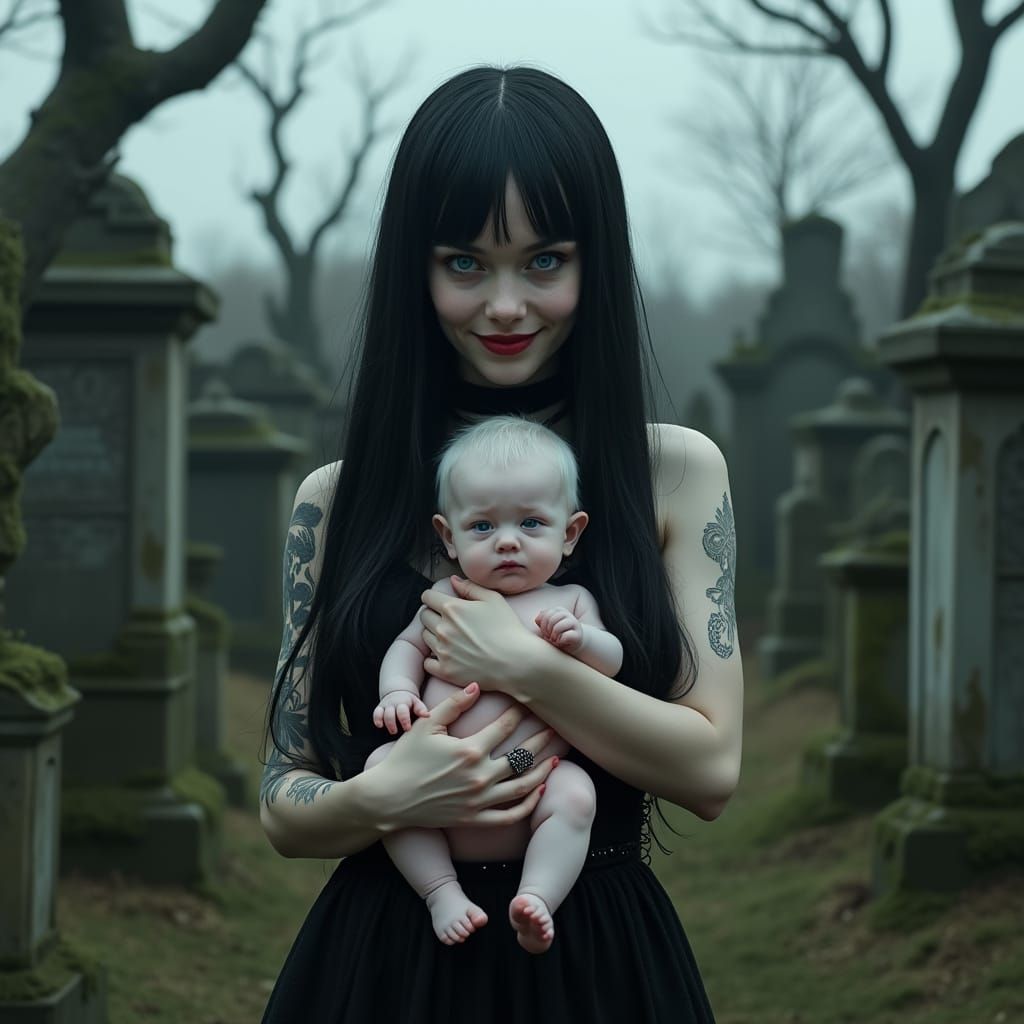 Gothic Mother and Child in Haunting Cemetery Scene